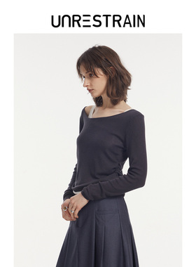 【UNRESTRAIN】UNR设计师品牌假两件黑/深灰撞色毛针织衫女