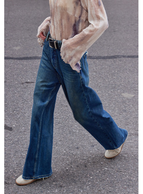 【UNRESTRAIN】UNR设计师品牌水洗蓝舒适含腰带直筒牛仔裤