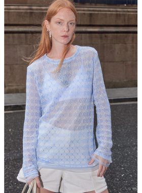 【UNRESTRAIN】UNR原创设计24秋新品蓝色蕾丝拼薄纱长袖休闲罩衫