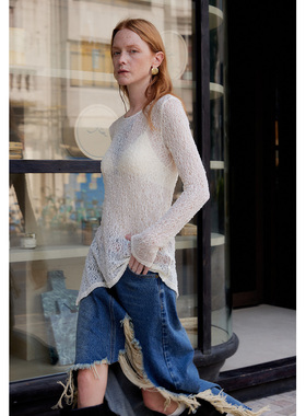 【UNRESTRAIN】UNR设计师品牌白色蕾丝镂空微透修身长袖T恤