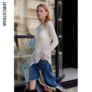 长袖 UNR设计师品牌白色蕾丝镂空微透修身 T恤 UNRESTRAIN