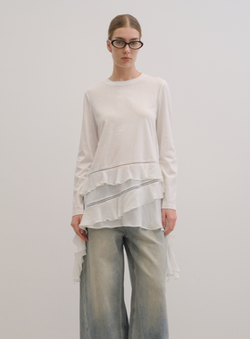 UNRESTRAIN「UNR」尾部彩蛋 荷叶边下摆拼接蕾丝长袖连衣裙女上衣