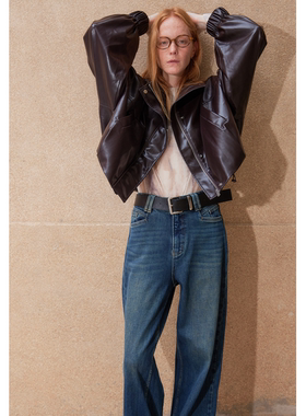 【UNRESTRAIN】UNR设计师品牌棕红/黑色亮面蛋白皮外套时髦皮衣