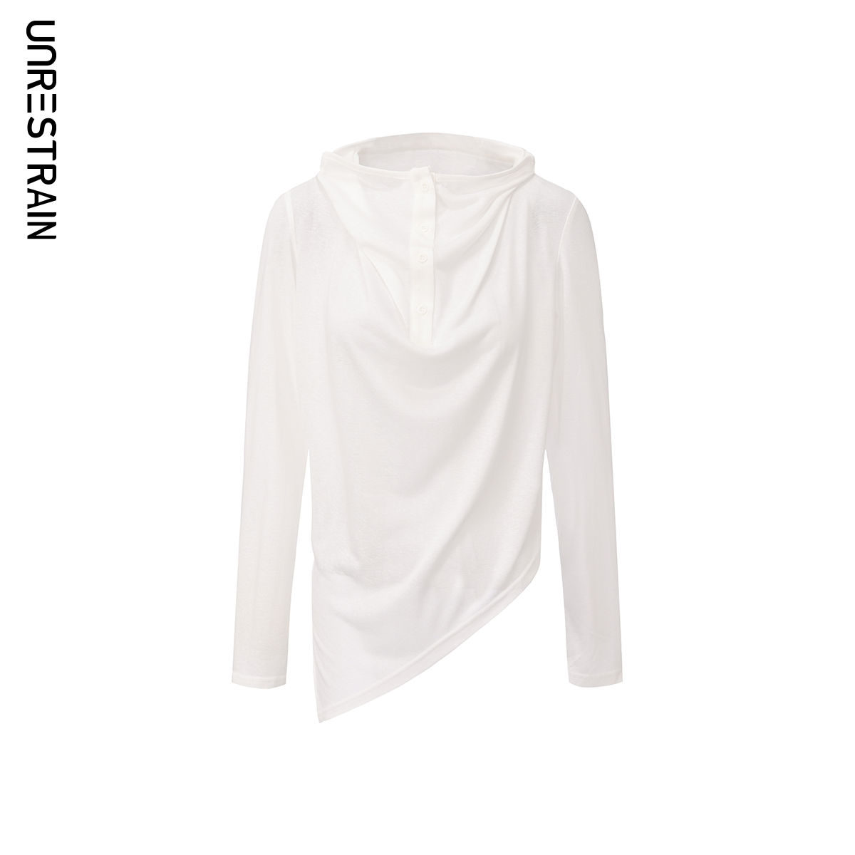 UNRESTRAIN「UNR」领间雕塑 新品纽扣荡领不规则下摆长袖上衣女,女装/女士精品,蕾丝衫/雪纺衫,淘宝优惠券,粉丝福利购,淘宝优惠卷