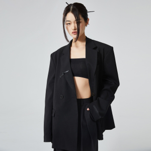 UNRESTRAIN宽松纯色双排一字扣休闲西装外套简约黑色高级感男女