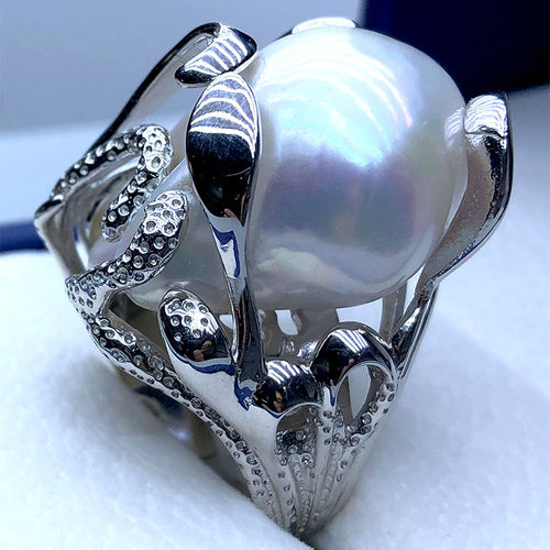 巨无霸天然淡水珍珠异形巴洛克戒指白色S925银复古宫廷风开口指环
