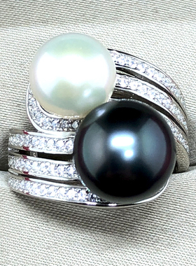 双珠戒指9-10mm天然海水珍珠戒指大溪地正圆极强光近无暇正品女