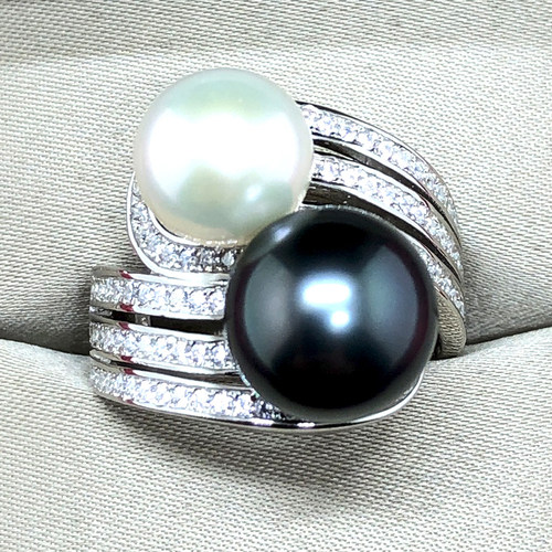 双珠戒指9-10mm天然海水珍珠戒指大溪地正圆极强光近无暇正品女