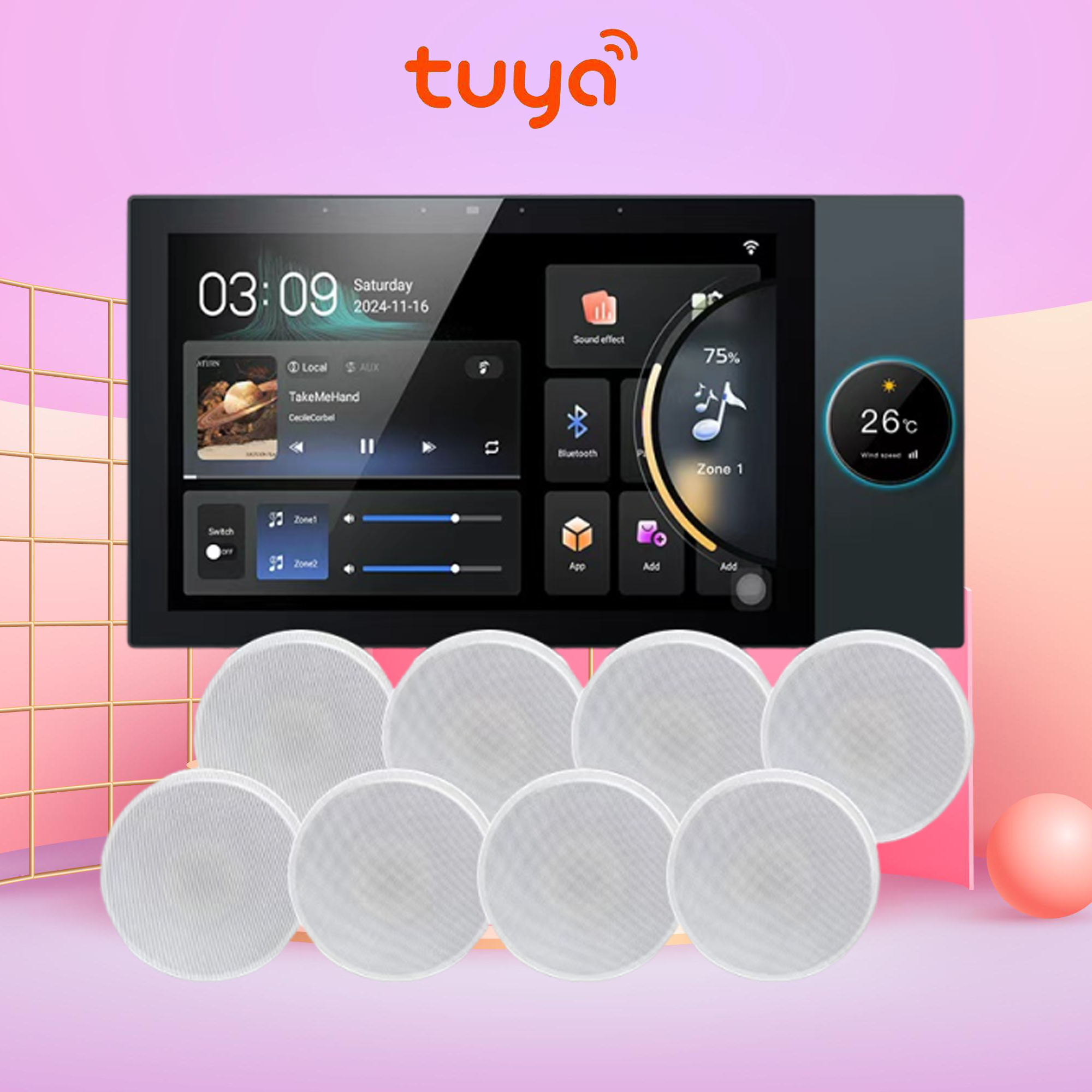 涂鸦智能中控屏zigbee网关二分区独立控制背景音乐主机10寸中控屏