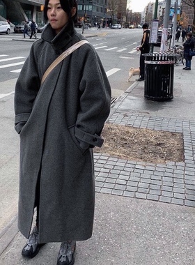 Rae鱿鱼郑浩妍同款廓形超长复古港风chic藏青色大衣