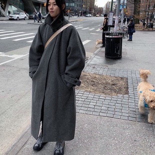 Rae鱿鱼郑浩妍同款 廓形超长复古港风chic藏青色大衣