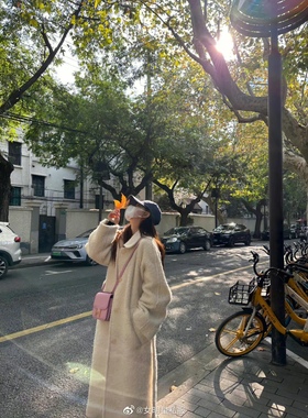 acn赵露思同款羊毛圈圈白色温柔茧型大衣秘鲁羊驼长毛长大衣