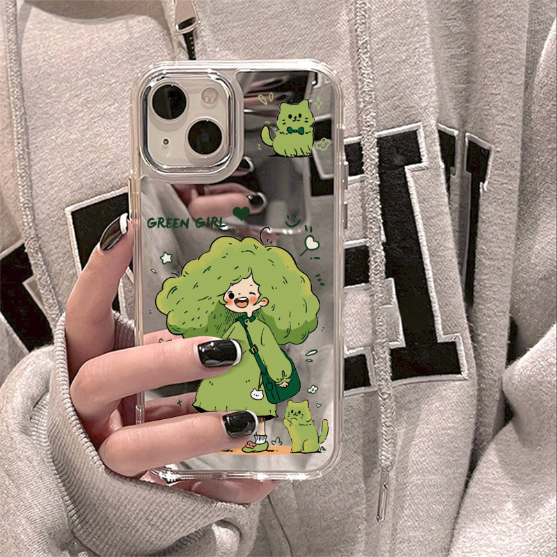 ins风可爱卡通16绿色卷发女孩15适用苹果14Promax手机壳12镜面iPhone13补妆镜子11个性xr/xs硬壳8p网红7女潮x