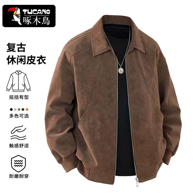 啄木鸟复古皮衣翻领机能夹克男士
