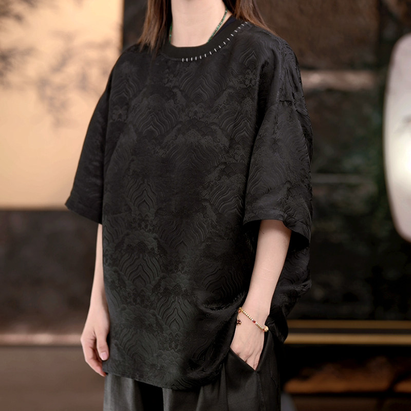 【再易】2025新款黑色碧海潮生桑蚕丝男士短袖体恤上衣ZY0153S,男装,其他民族服装,淘宝优惠券,粉丝福利购,淘宝优惠卷