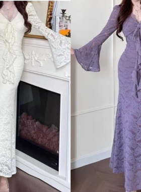 春秋新款轻奢紫色修身包臀鱼尾裙白色优雅长袖连衣裙喇叭袖荷叶边