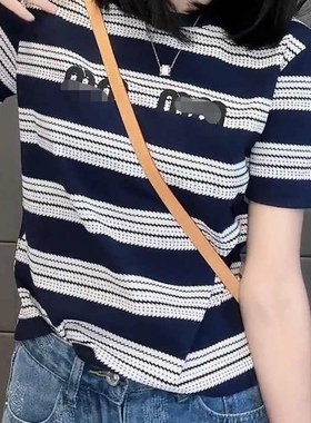 春夏新款四季小香风弹力显瘦条纹字母短袖T恤百搭上衣女打底外穿