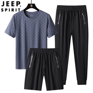 JEEP 吉普夏季中老年男士冰丝舒适休闲T恤短裤长裤休闲裤三件套装