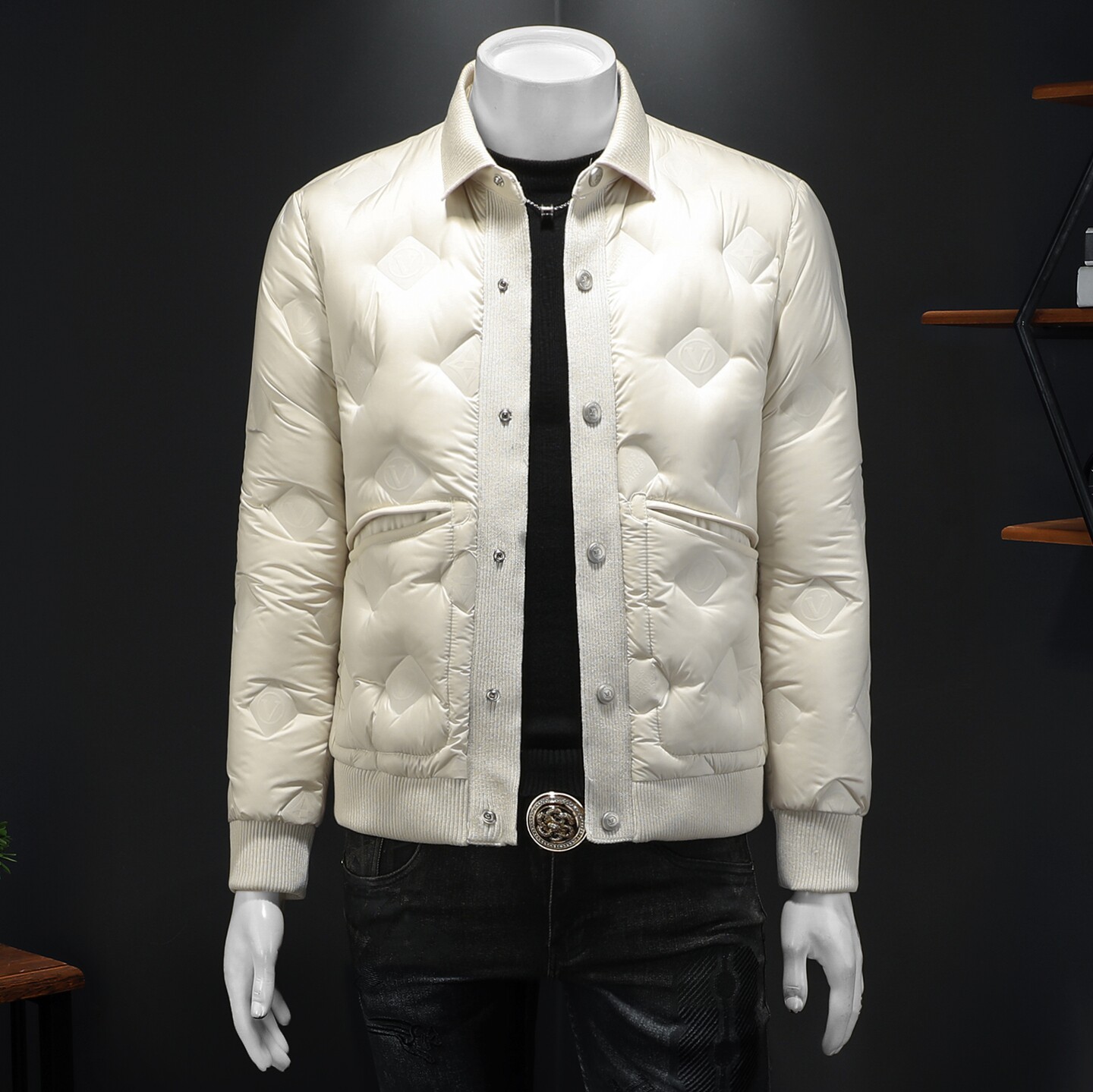 Y9830P3102025高端冬季90%白鸭绒暗花针织领羽绒服假355，男装羽绒服，钱塘6016-1(原3019)