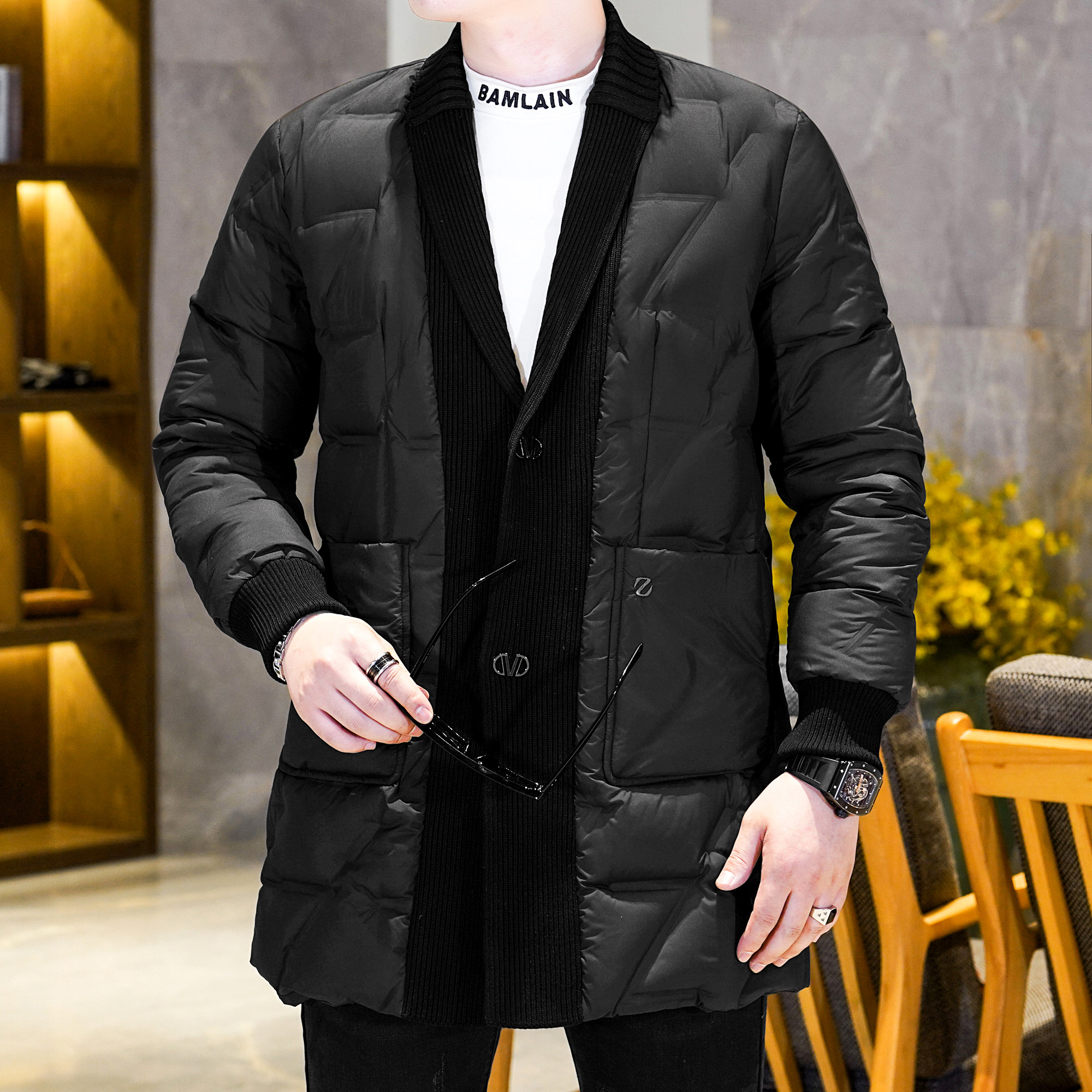 Y9582P3602026冬季90%白鸭绒暗纹针织领中长款羽绒服真模控405,男装羽绒服,钱塘6016-1(原3019)