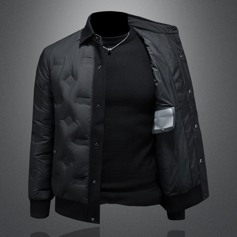Y9866P3352025高端冬季90%白鸭绒暗花翻领羽绒服镂空黑色，男装羽绒服，钱塘6016-1(原3019)