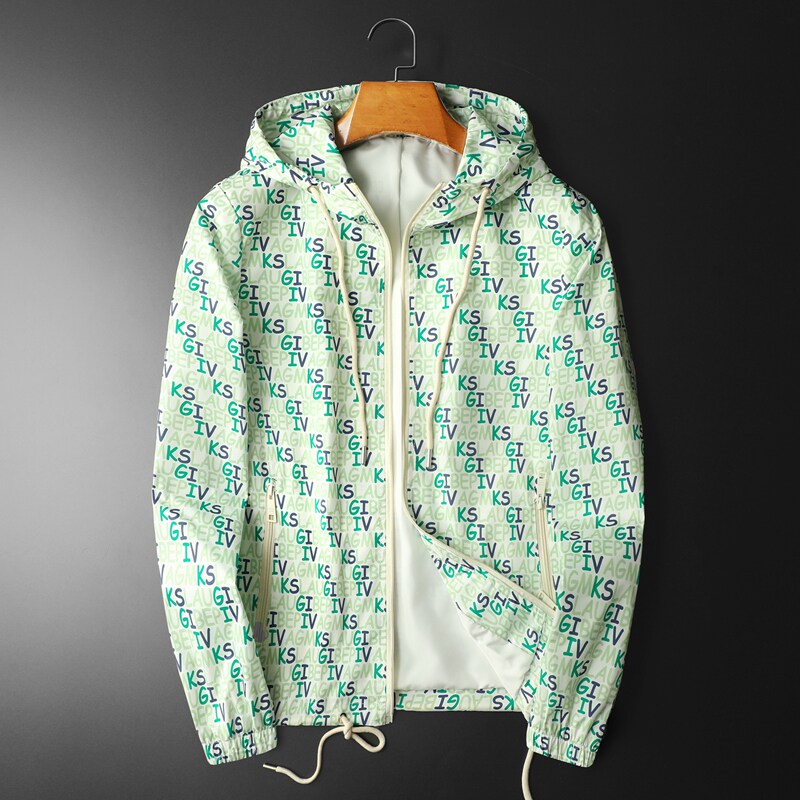 2026年新款印花连帽休闲夹克钱塘3019-JK9031P150平铺浅绿色，男装夹克，钱塘6016-1(原3019)