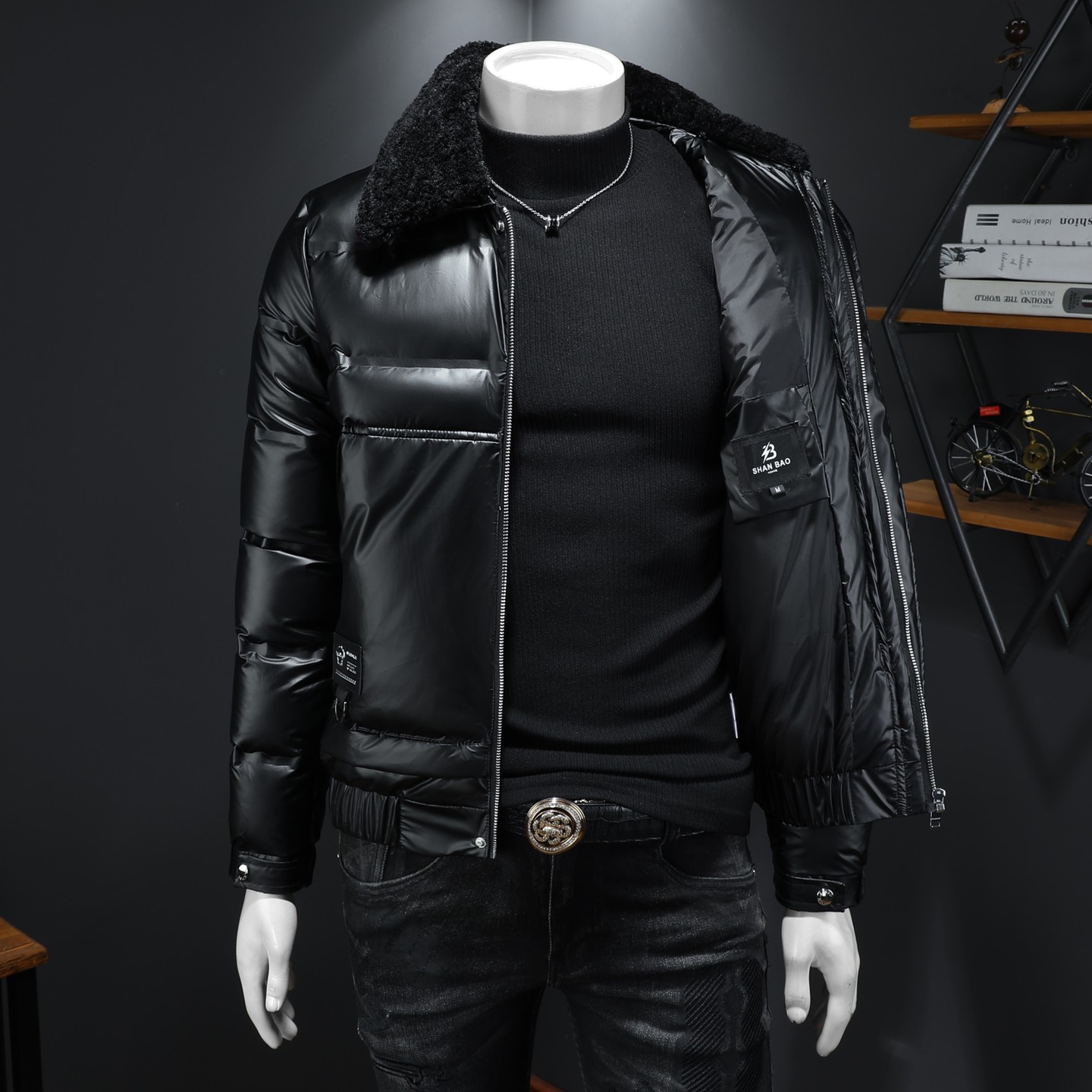 可拆卸Y9822P320高端冬季90%白鸭绒亮面翻领羽绒服假模365，男装羽绒服，钱塘6016-1(原3019)