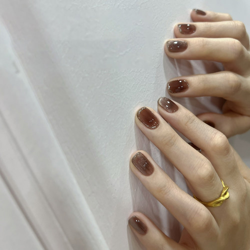 淳贵人纯手工穿戴甲 秋冬显白纯色琥珀猫眼金边法式美甲成品短款