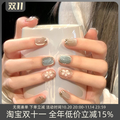 淳贵人指甲贴片属于夏天的冷调手绘立体花朵美甲成品纯手工穿戴甲