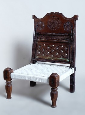 印度中古家具pida椅波西米亚靠背矮椅老木手工雕花绳编古董沙发椅