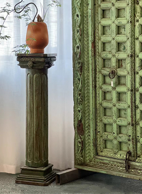 印度手工雕花老木矮柱罗马柱中古风侘寂风禅意落地装饰摆件置物架