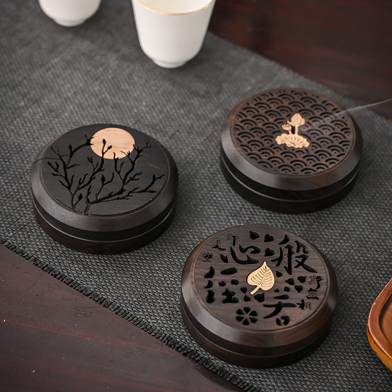 禅意紫光檀香盒家用木头檀香炉黑檀木盘香炉沉香天地盖圆形熏香炉