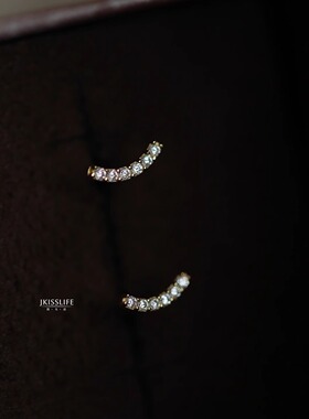 14K黄金 微笑迷你小巧精致弧形一字精致K金耳钉 微镶日系极简百搭