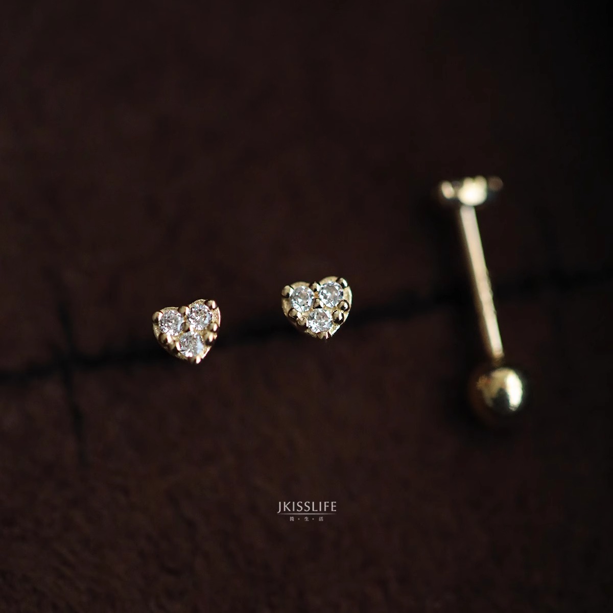 9K黄金迷你爱心K金耳钉睡觉免摘