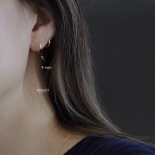 9K黄金 精致时髦光面素金 9mm经典基础耳圈 极简日常通勤耳环耳扣