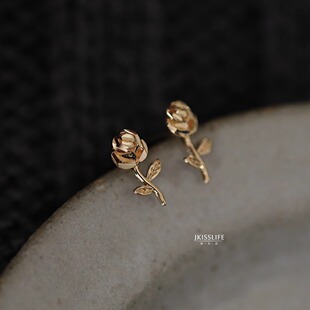 气质百搭 14K黄金 素金 唯美K金耳钉 法式 立体精致玫瑰 简约灵动