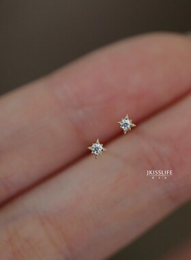 9K黄金 星星碎片 迷你隐形精致日系微镶K金耳钉 极简养耳洞耳饰
