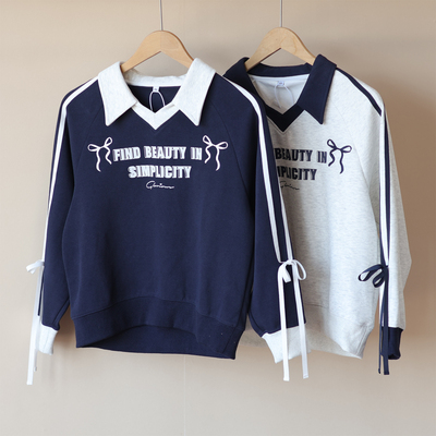 26年春装上新~女中大童学院风蝴蝶结V领翻领宽松休闲卫衣上衣3056
