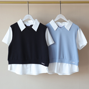 夏装上新~出口韩国品牌女中大童假两件polo翻领学院风短袖T恤上衣