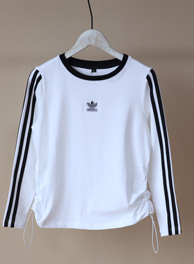 春秋短款女大童白色圆领收身抽绳三道杠打底衫T恤长袖纯棉休闲