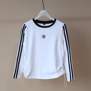 春秋短款女大童白色圆领收身抽绳三道杠打底衫T恤长袖纯棉休闲