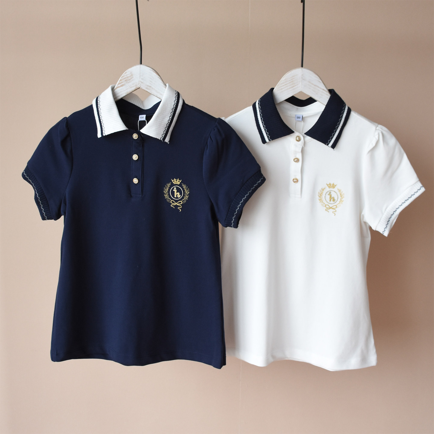 夏装新女中大童学院风翻领polo衫网眼棉短袖T恤刺绣勋章2073