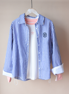 春秋款~女大童中学生少女款纯棉字母刺绣蓝色条纹衬衫衬衣1070