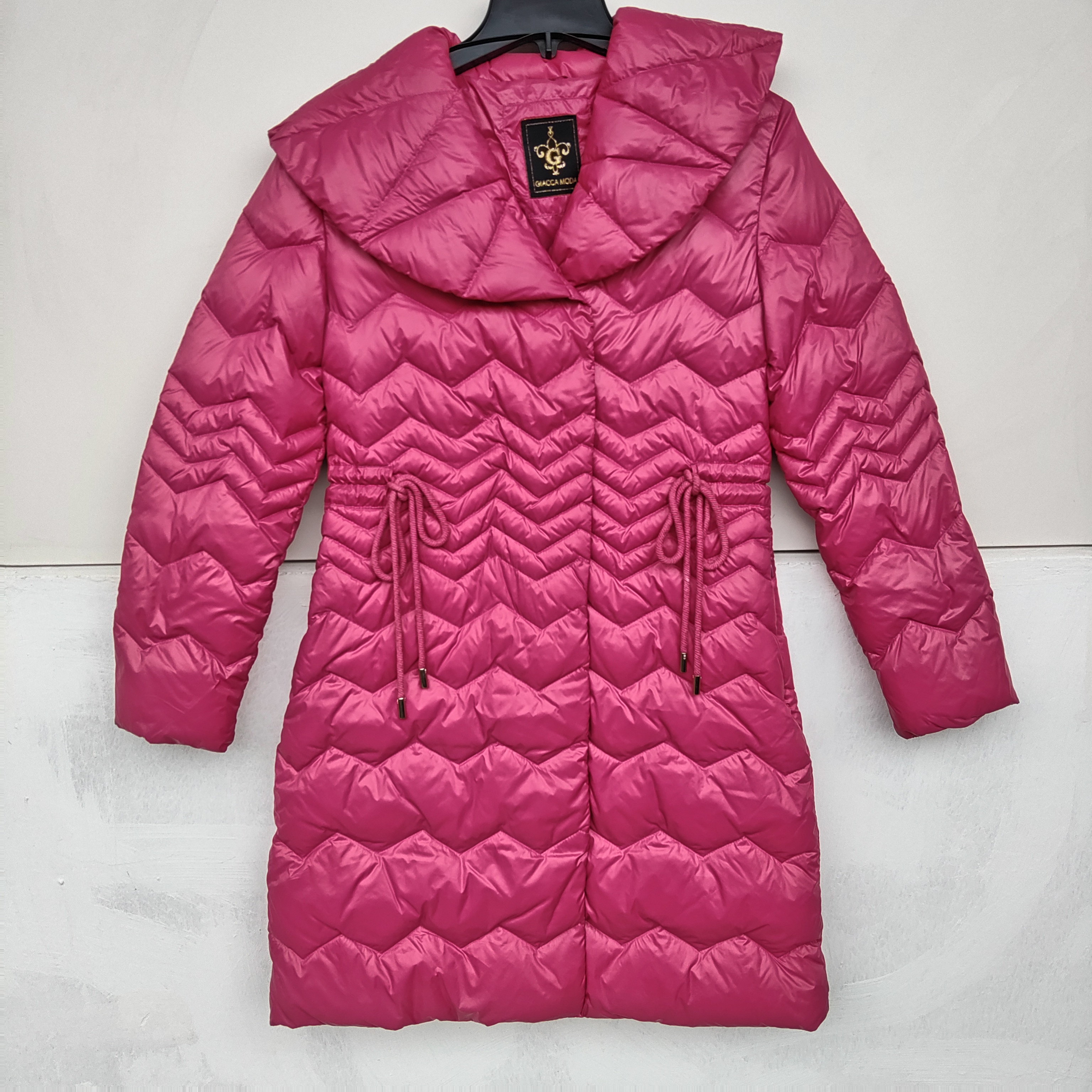 番米粒2件包邮出欧美样衣女士中长款修身羽绒服玫红色大圆领