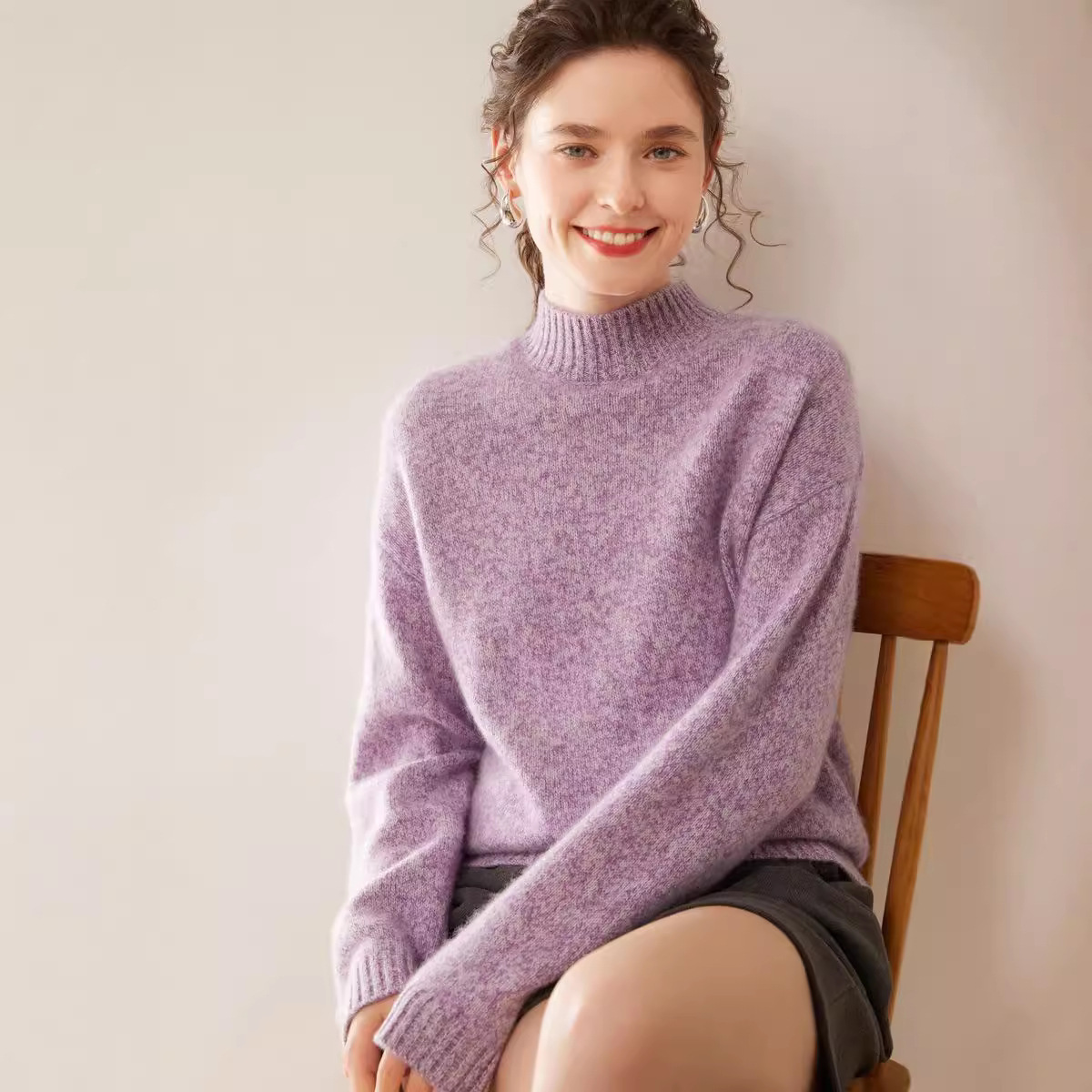 半高领夹花纱羊绒衫女秋冬新款加厚宽松慵懒风针织衫简约百搭毛衣