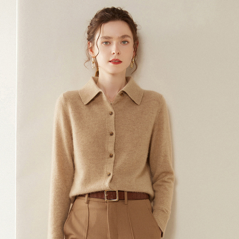 POLO领针织羊绒衬衫女2024秋冬新款修身显瘦羊绒开衫气质打底衫