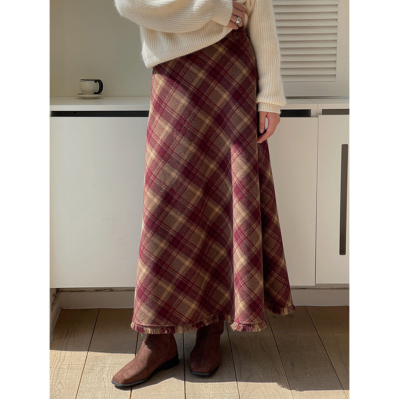 【酒红威尔士】复古毛呢格子包臀半身裙女冬季a字中长裙N522B