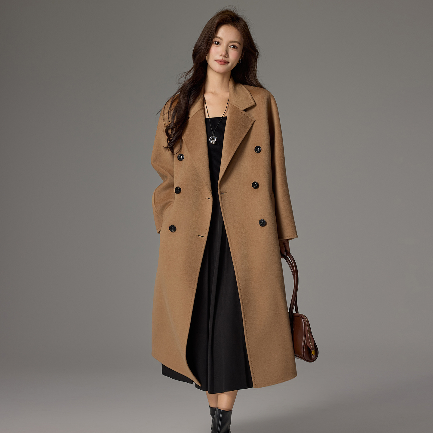 10%山羊绒大衣女双排扣秋冬新款双面毛呢外套女长款腰带羊毛大衣