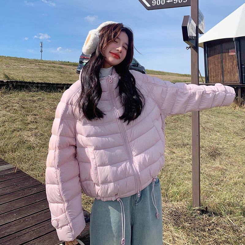 粉色短款立领排骨羽绒服女男2025冬韩系超好看轻薄白鸭绒保暖外套