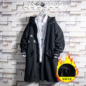 新款 潮流痞帅青少年连帽大衣 春秋冬中长款 中长款 风衣加绒外套男士